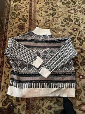 Cream and Brown Patterned Turtleneck Sweater